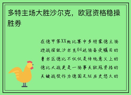 多特主场大胜沙尔克，欧冠资格稳操胜券
