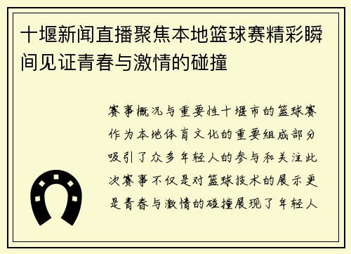 十堰新闻直播聚焦本地篮球赛精彩瞬间见证青春与激情的碰撞